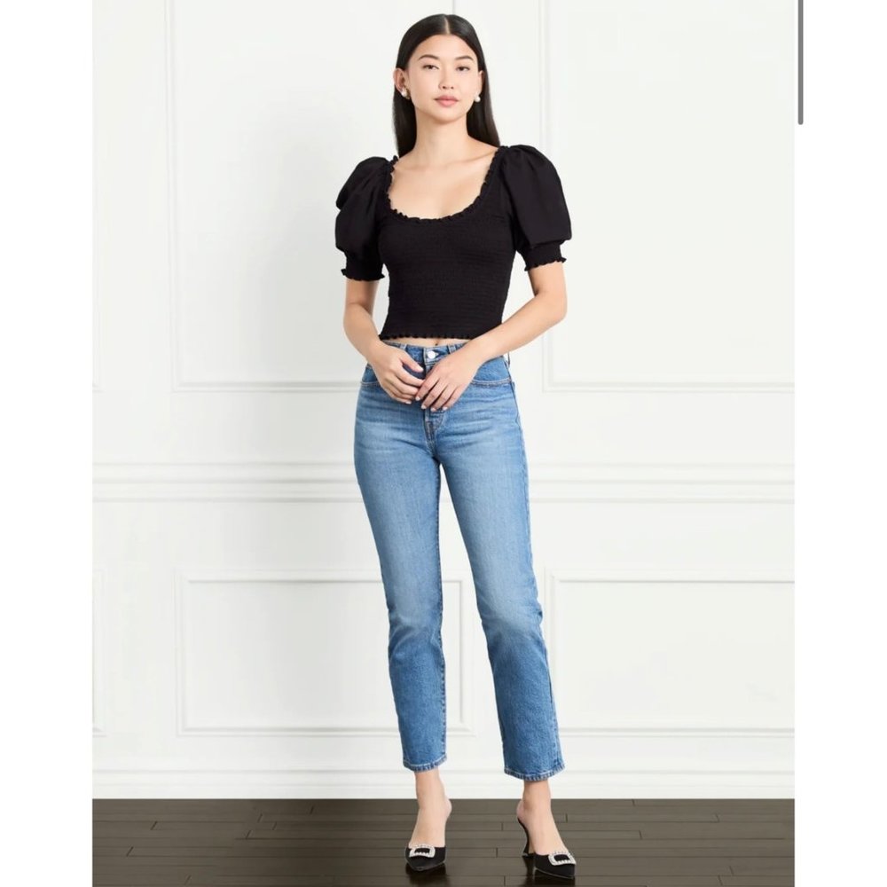 NWT Hill House Black Aiko Nap Top Smocked Puff Sleeve Cropped Blouse XXL